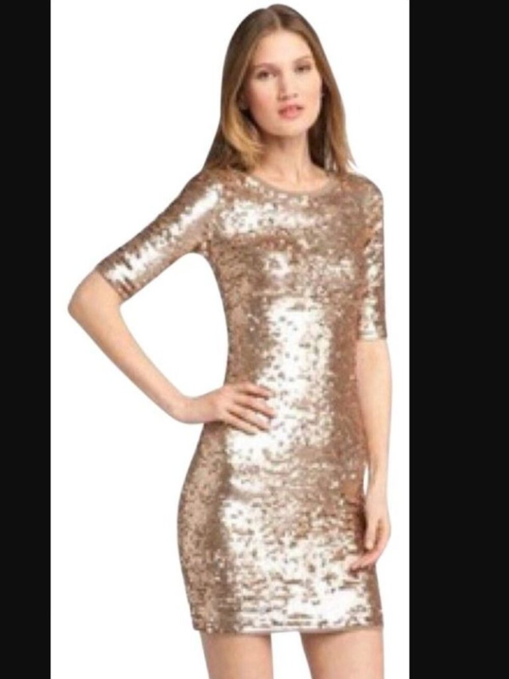 BCBG MAXAZRIA-Rose Gold Pale Pink Sequin Bodycon Short Sleeve Cocktail Dress - S